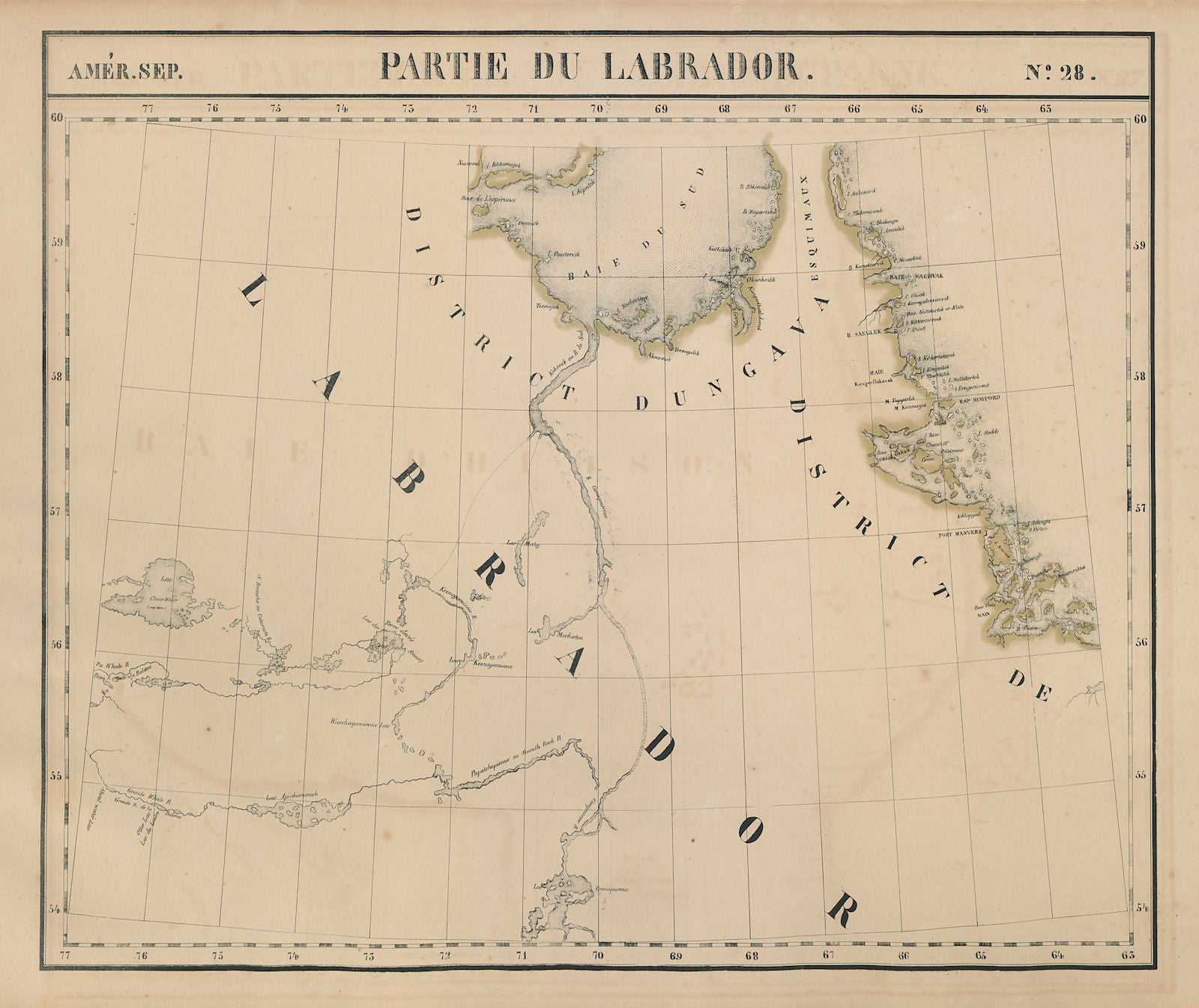 Amér. Sep. Partie du Labrador #28. Quebec Labrador north. VANDERMAELEN 1827 map